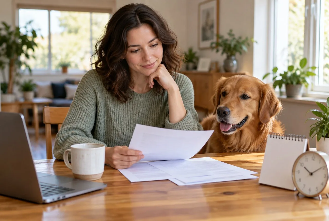 Owner reading documents beside a dog at a table with a clock